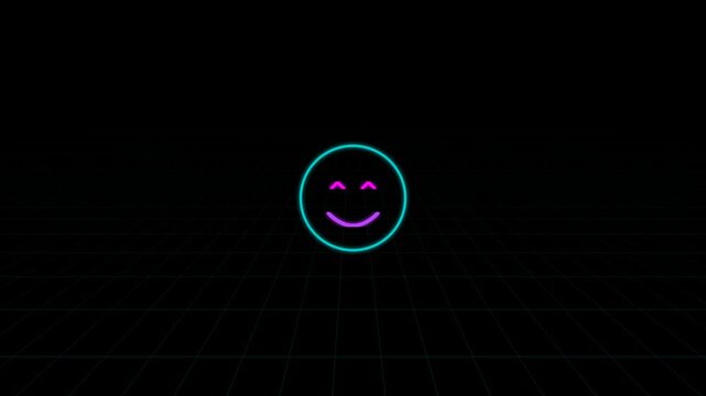Glowing Neon Smiley Face Pulsing on a Dark Digital Grid