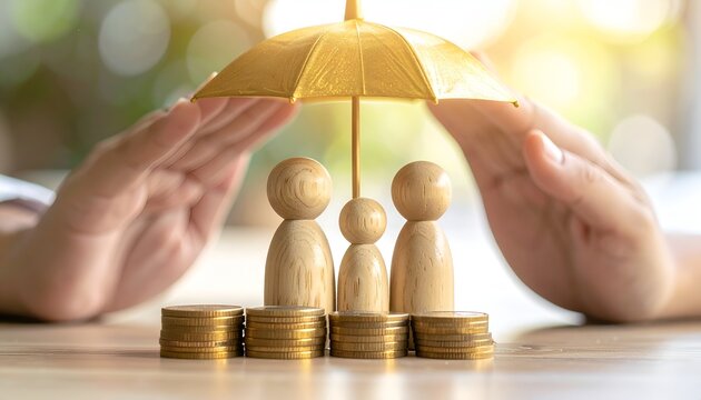 Large hand shielding a family of wooden figures under a glowing umbrella with coins, illustrating financial protection, family security, insurance, savings, and risk management.