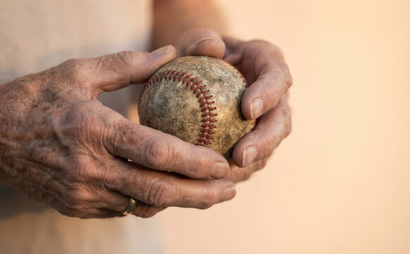 Elderly man holding a vintage worn baseball representing nostalgia and sports history