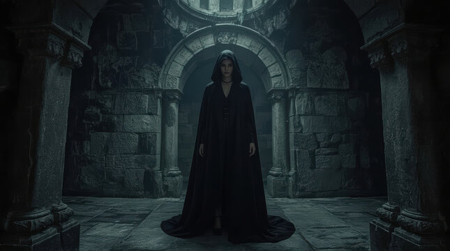 Elegant dark figure black cloak stone crypt Gothic archway