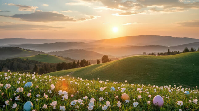 Sunrise landscape with wildflower meadow and pastel Easter eggs across rolling hills