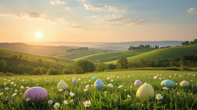 Elegant Easter background with peaceful sunrise over rolling green meadow and colorful egg