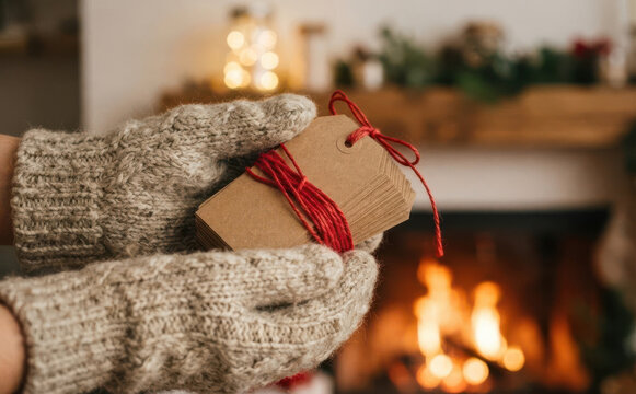 Person wearing warm knitted mittens holding a stack of craft paper tags tied with red string near a cozy fireplace