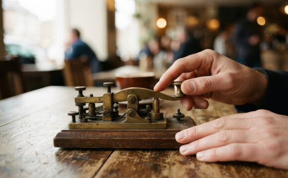 Man operating vintage telegraph key on a wooden table in a cafe, concept of historical communication