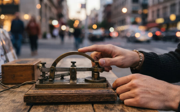 Man operating a vintage telegraph key device outdoors in urban setting for historical communication concept
