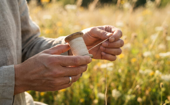 Middle-aged man holding a wooden spool with natural linen thread in a sunny meadow