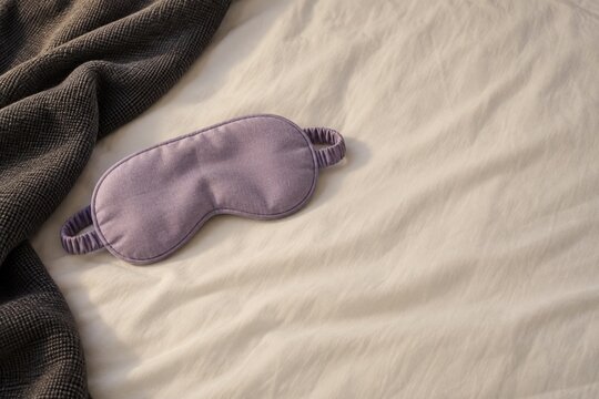 Lavender sleep mask on ivory bed linen with copy space