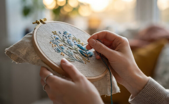 Woman hands embroidering floral pattern with needle and thread in wooden hoop closeup