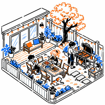 Friends enjoying a backyard barbecue with a dog.