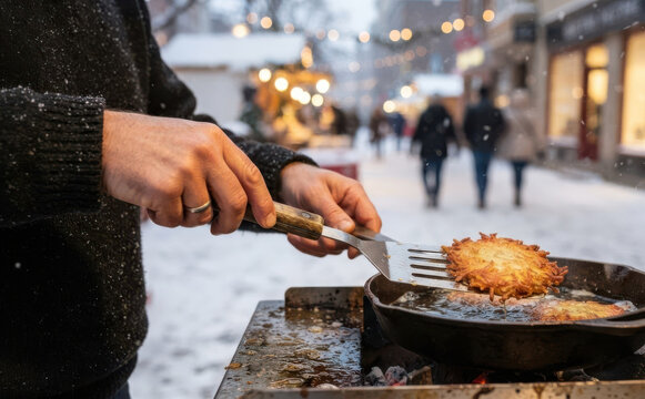 Adult man cooking potato latkes outdoors at a winter street food market during snowy weather