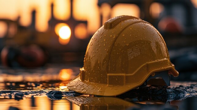 A yellow construction safety hard hat sits on a wet, muddy ground at a construction site during a golden hour sunset with blurred structures