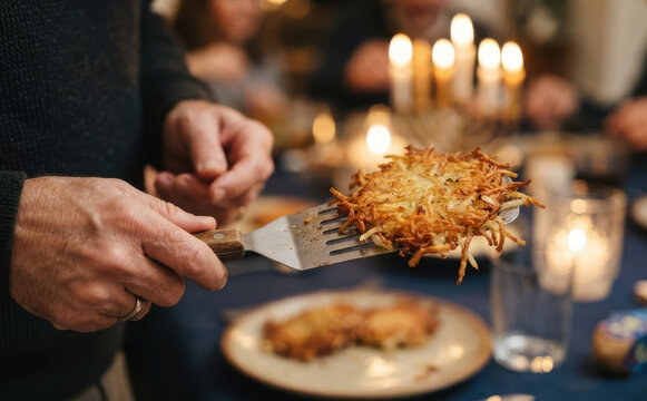 Middle aged man serving homemade potato latkes on a spatula during Hanukkah dinner celebration