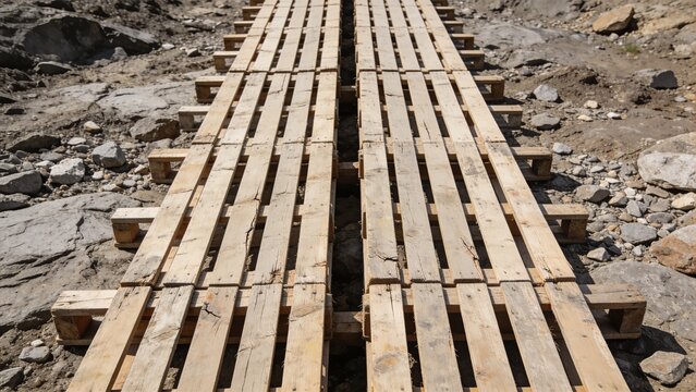 Weathered Wooden Pallet Walkway Over Rough Rocky Ground for Temporary Access, Construction and Outdoor Infrastructure