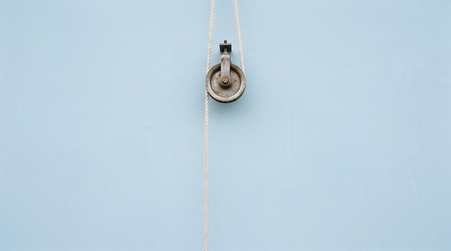 Metal pulley wheel with rope hanging against a plain blue background