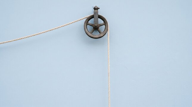 Vintage metal pulley wheel with rope on a light blue background
