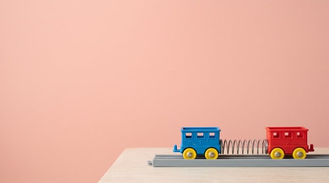 Two toy train cars connected by a metal spring on a track with copy space