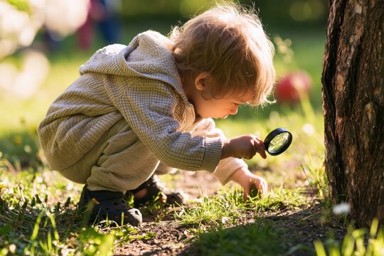 Child exploring nature with a magnifying glass