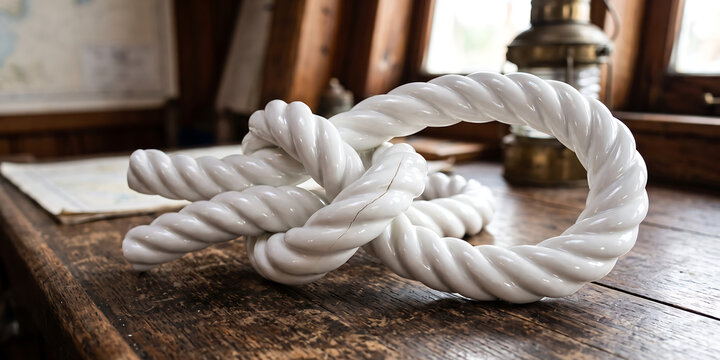 White ceramic rope sculpture tied in intricate knot on rustic wooden surface representing strength and unity in nautical themed interior decoration.