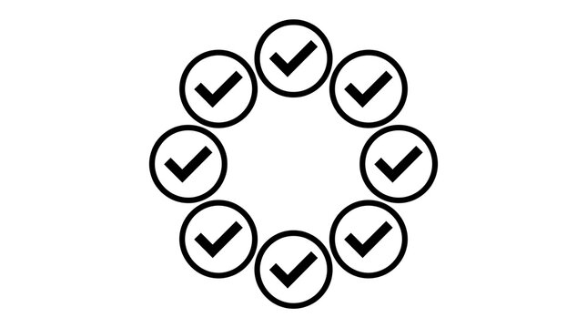 A circular arrangement of eight identical black checkmarks displayed within round borders signifies complete approval and total consensus reached during a professional business verification
