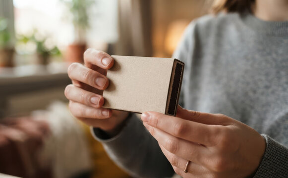 Woman holding a small blank cardboard matchbox mockup for branding and design concepts