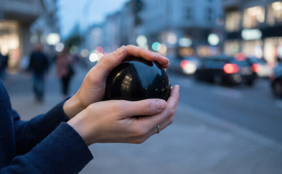 Woman holding a black crystal sphere in hands on a city street at twilight for divination concept