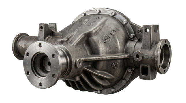 A heavy-duty automotive rear axle differential housing is shown against a transparent background.