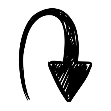 Hand Drawn Curved Down Arrow Doodle Sketch Illustration Isolated on Transparent Background for Direction Pointer