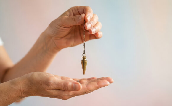 Woman holding a brass pendulum for dowsing and divination over an open palm in a spiritual session
