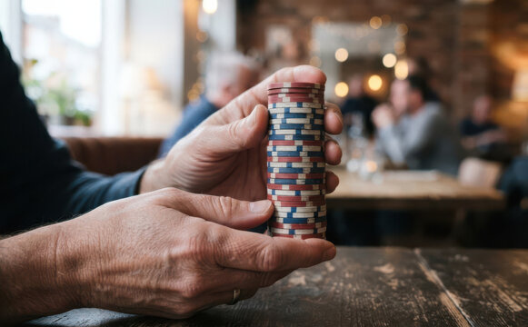Middle-aged man holding a tall stack of poker chips in a pub, symbolizing gambling and strategy