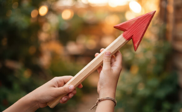 Child holding a handcrafted wooden arrow with red tip in a garden setting, concept of direction, targeting, and play