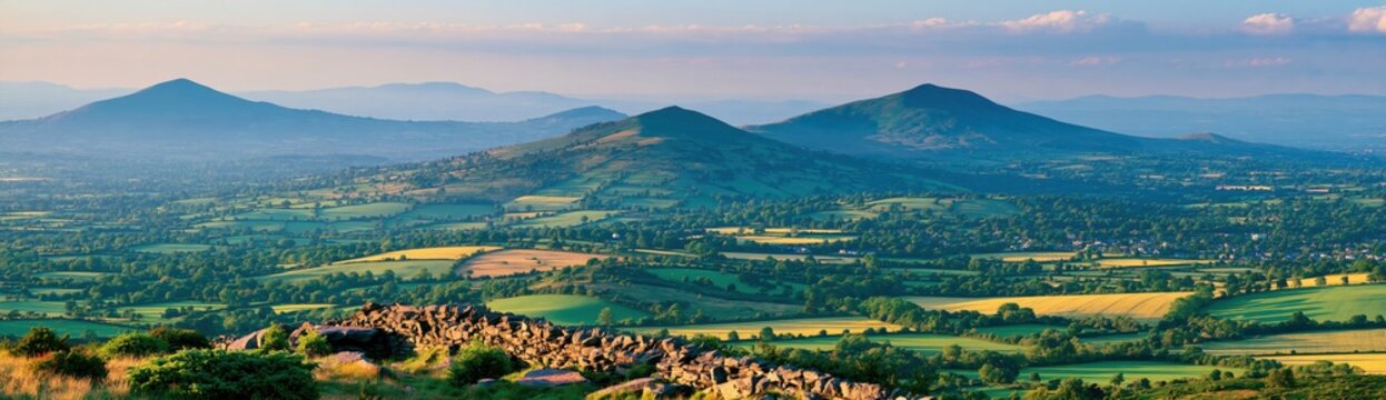Panoramic View of Rolling Hills and Farml