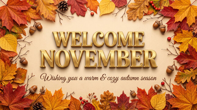 Welcome november greeting card with golden 3d text surrounded by a beautiful frame of colorful autumn leaves, acorns, and berries on beige background