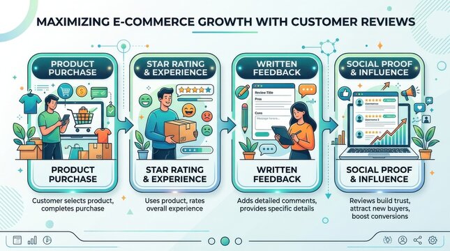 An infographic showing the e-commerce growth process, featuring four steps: product purchase, star rating, written feedback, and social proof