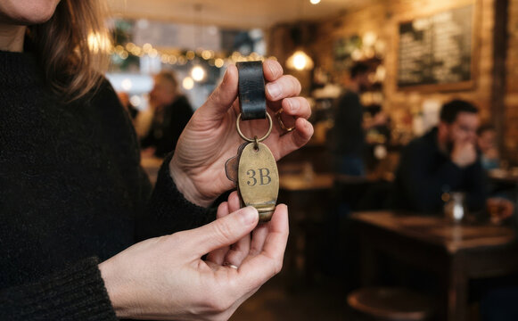 Woman holding brass hotel room key fob with number 3B in a cozy cafe