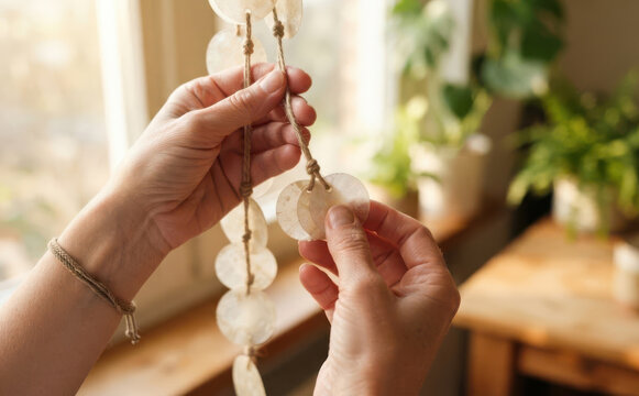 Woman making a DIY capiz shell wind chime or hanging mobile at home for interior decor
