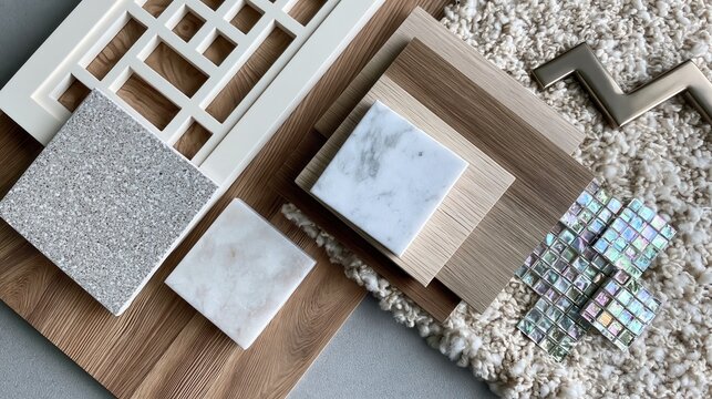 Architectural sample board featuring light wood planks, white marble tiles, textured gray stone, and iridescent glass mosaic