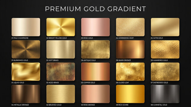 Set of premium gold gradients and metallic textures, including rose gold, brushed, hammered, and liquid gold styles for luxury design projects