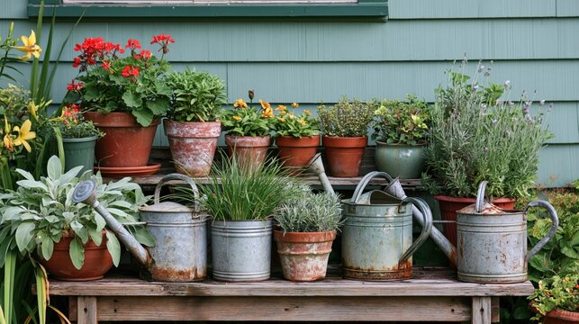 Assorted potted plants and vintage metal watering cans arranged on a wooden bench against a light green horizontal wood siding wall of a house