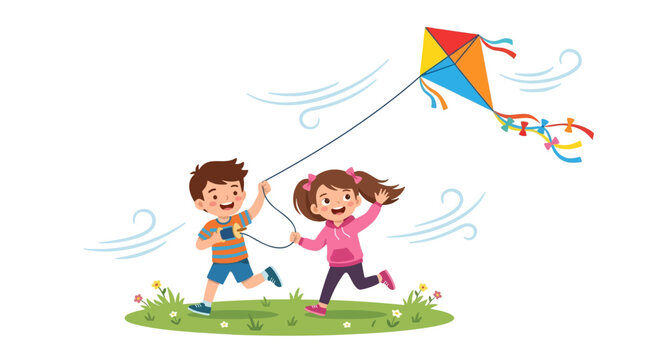 Joyful children flying a colorful kite on a windy day in a grassy field with flowers