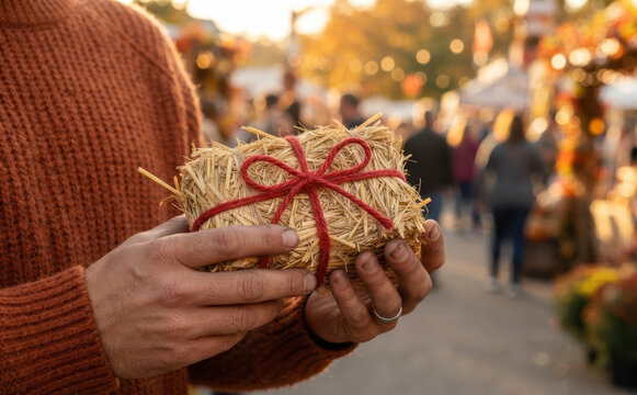 Man holding a small decorative hay bale tied with a red string at an autumn festival market