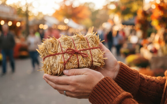 Woman holding a small hay bale at autumn festival representing harvest time and rural tradition