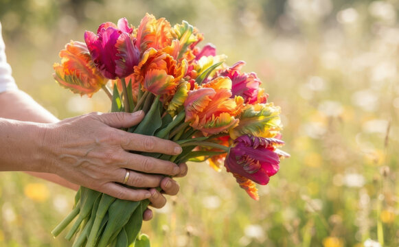 Woman holding a vibrant bouquet of colorful parrot tulips in a sunny meadow for spring celebration