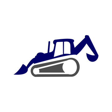 A clean, minimalist vector graphic and logo design featuring a blue and grey tracked construction vehicle, such as an excavator or backhoe loader with crawler tracks, shown against a plain white 