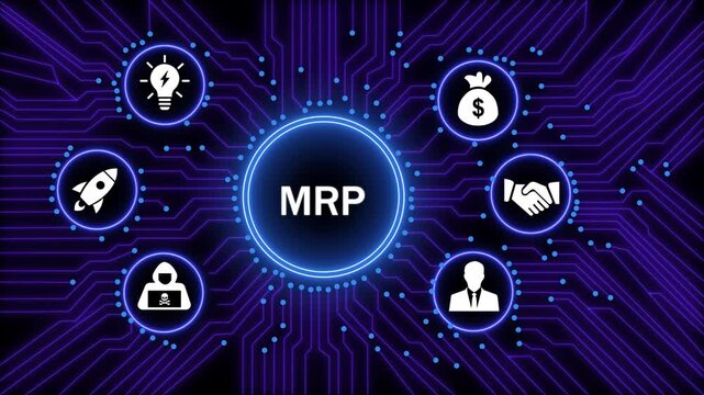 Digital mrp requirements planning concept with glowing circuit board background, featuring animated for business strategy, financial growth, innovation, cybersecurity, and success