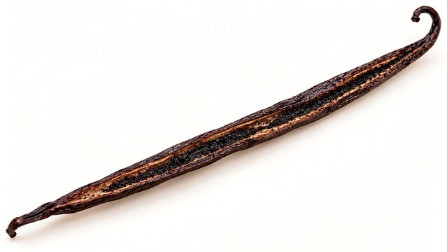 Single premium vanilla pod split lengthwise revealing thousands of tiny black vanilla seeds, isolated on clean white surface