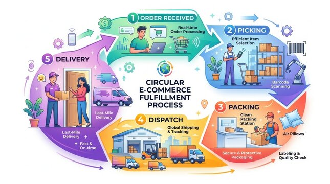Circular e-commerce fulfillment process infographic showing order receiving, picking, packing, dispatch, and delivery with logistics icons