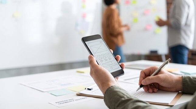 cross functional agile team concept. Person sketching app wireframe while holding smartphone in office meeting