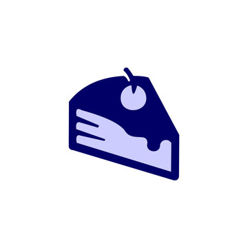 A clean, minimalist vector graphic and logo design of a slice of cake with frosting and a cherry on top, rendered in dark blue and light purple against a plain white background.