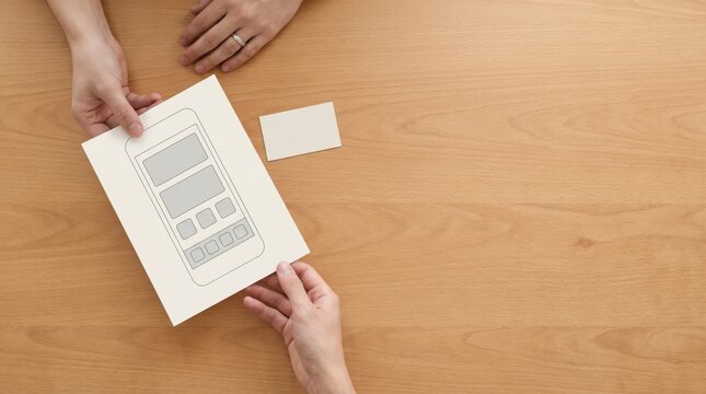 cross functional agile team concept. Hands holding a smartphone wireframe sketch and a blank card on wooden table
