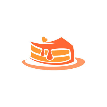 A clean, minimalist vector graphic and logo design of a layered slice of cake on a plate with melting frosting and a heart decoration, rendered in vibrant orange and peach tones against a plain white 